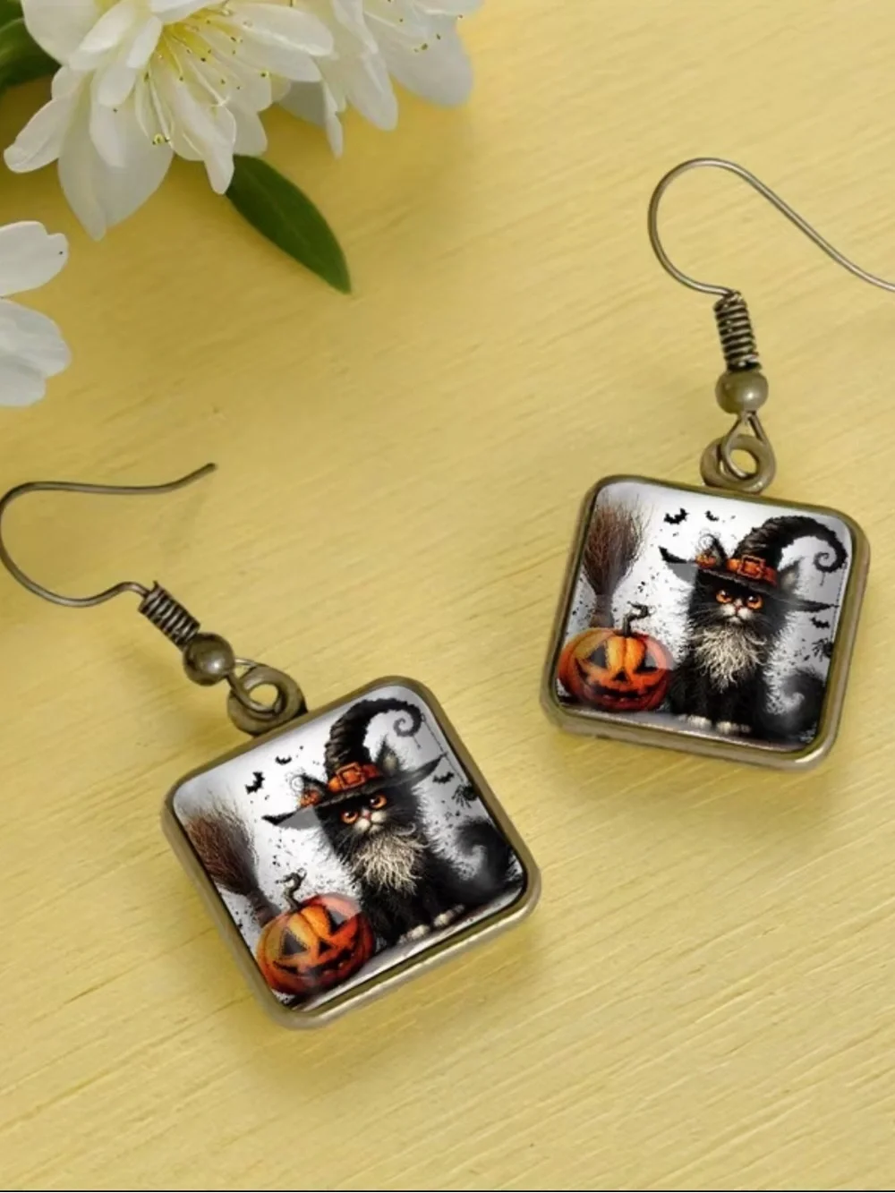 Halloween Cat Pumpkin Drop Earrings in Black and Orange
